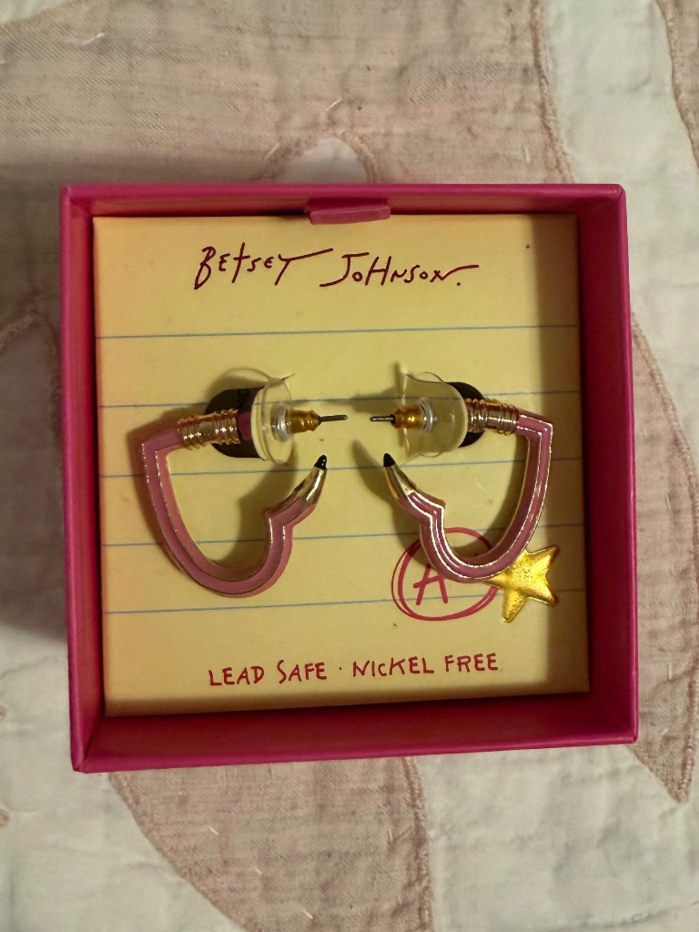 NWT - Betsey Johnson Pink Enamel Heart Pencil Hoop Earrings